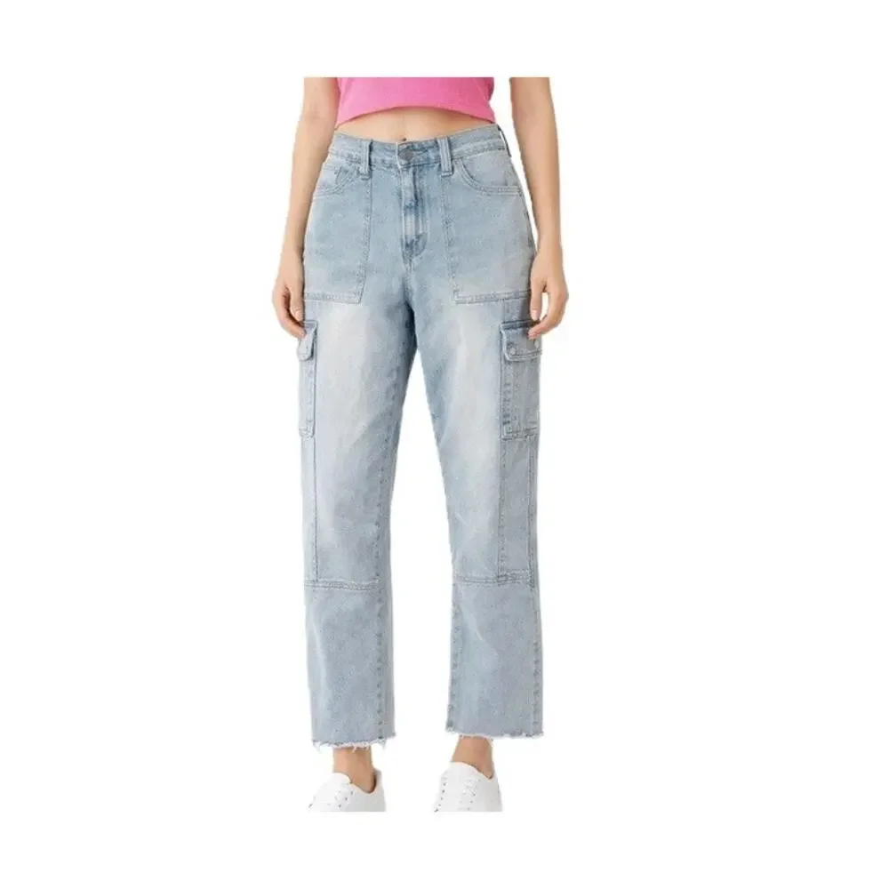 KanCan Jeans Size 9 High Rise Jeans Blue Light Wash Relaxed Loose Fit Raw Hem